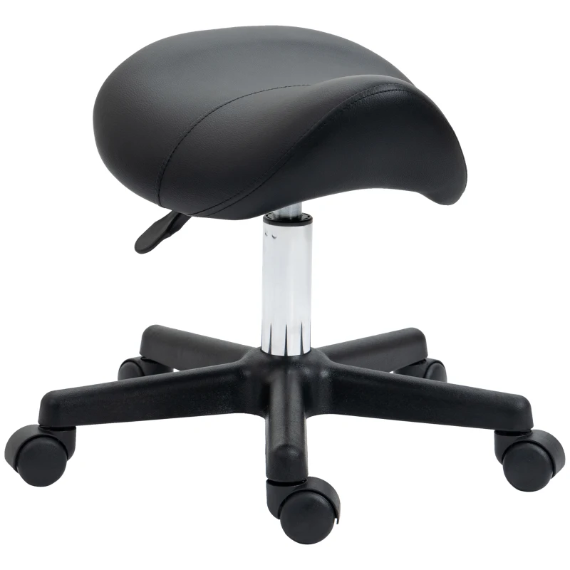 HOMCOM Saddle Stool, PU Leather Adjustable Rolling Salon Chair with Steel Frame for Massage, Spa, Beauty and Tattoo, Black