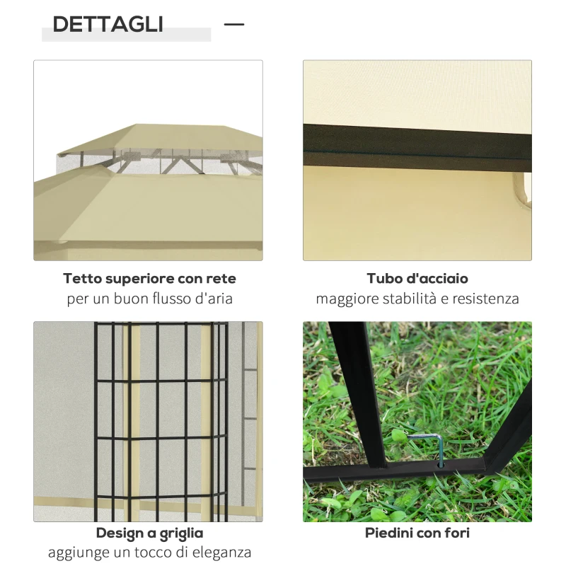 Outsunny Gazebo da Giardino con Zanzariera, Tetto a 2 Livelli e Struttura in Metallo, 3.7x3m, Beige