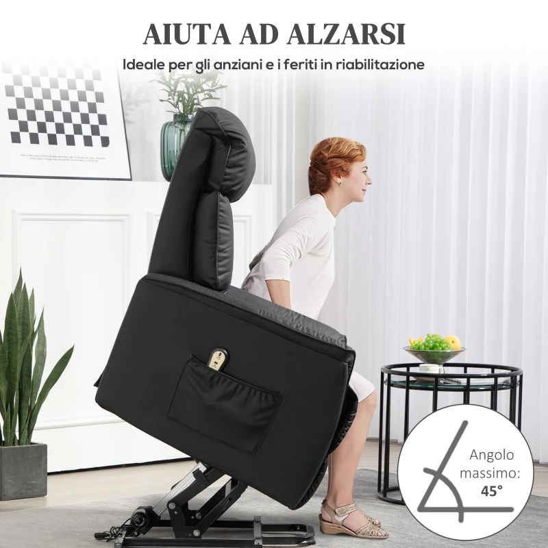 HOMCOM Poltrona Relax Reclinabile Alzapersone Elettrica con Telecomando e Poggiapiedi, 80x94x104 cm Nero
