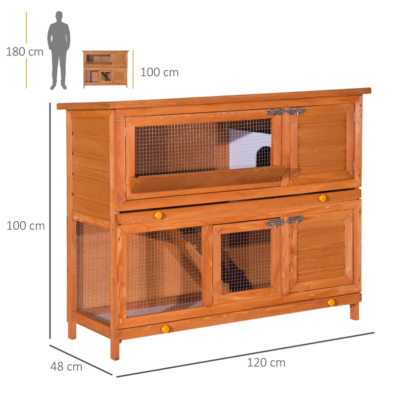 PawHut Cage à lapin poulailler clapier en bois de pin de grande taille avec 2 étages râtelier à foin toit ouvrant dim.120L x 48l x100H cm