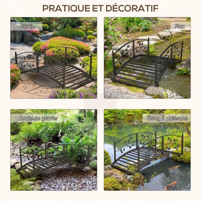 Outsunny Pont de jardin pont de bassin décoration du jardin dim. 119L x 67l x 47H cm avec balustrade motif de vigne acier noir