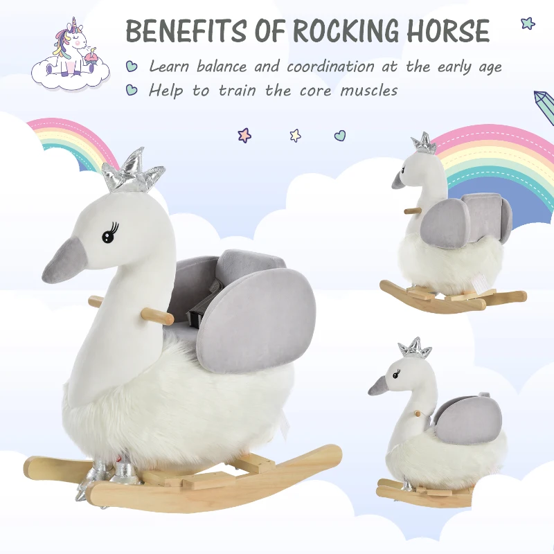HOMCOM Kids Rocking Horse, Children Plush Ride On Swan Animal Rocker w/ Sound, Wood Base Seat, Safety Belt, Baby Toy Rocker for Toddler 18 - 36 Months, White and Grey