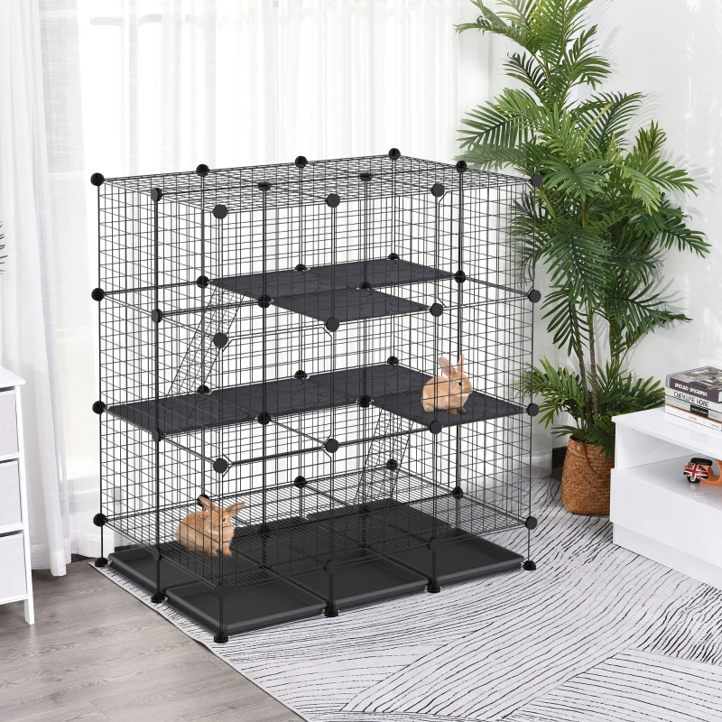 PawHut Cage parc enclos rongeurs modulable dim. L 111 x l 75 x H 119 cm 3 niveaux 4 portes fil métallique noir