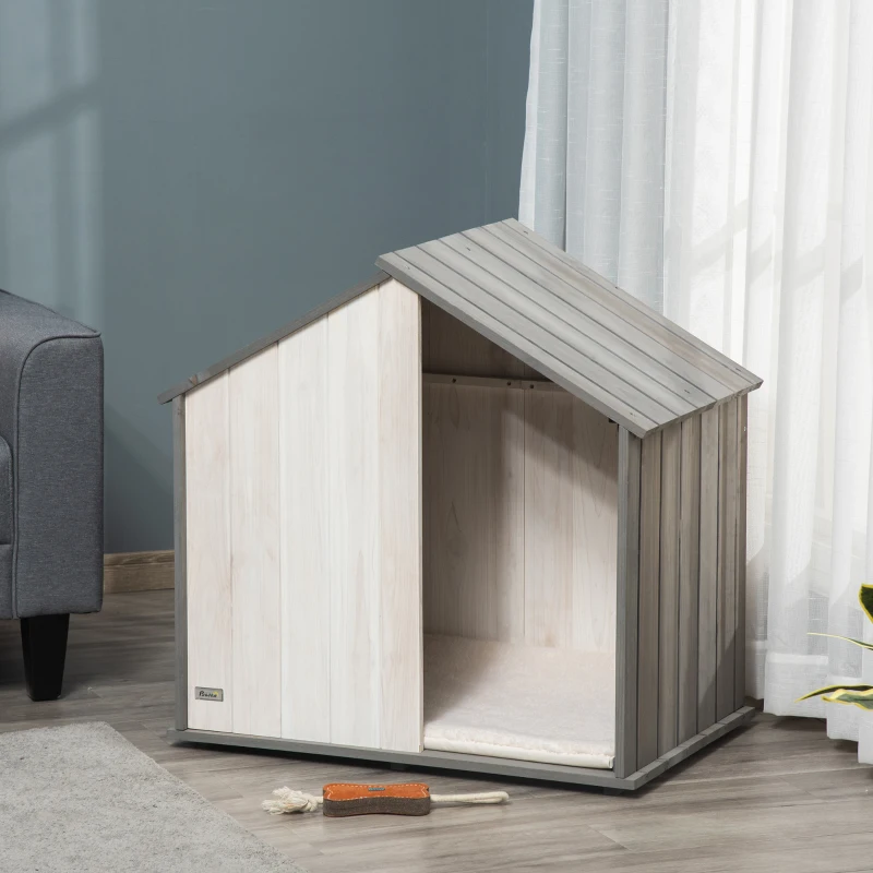 PawHut Cuccia per Cani a Casetta in Legno, per Animali Fino a 15kg, Grigio e Bianco