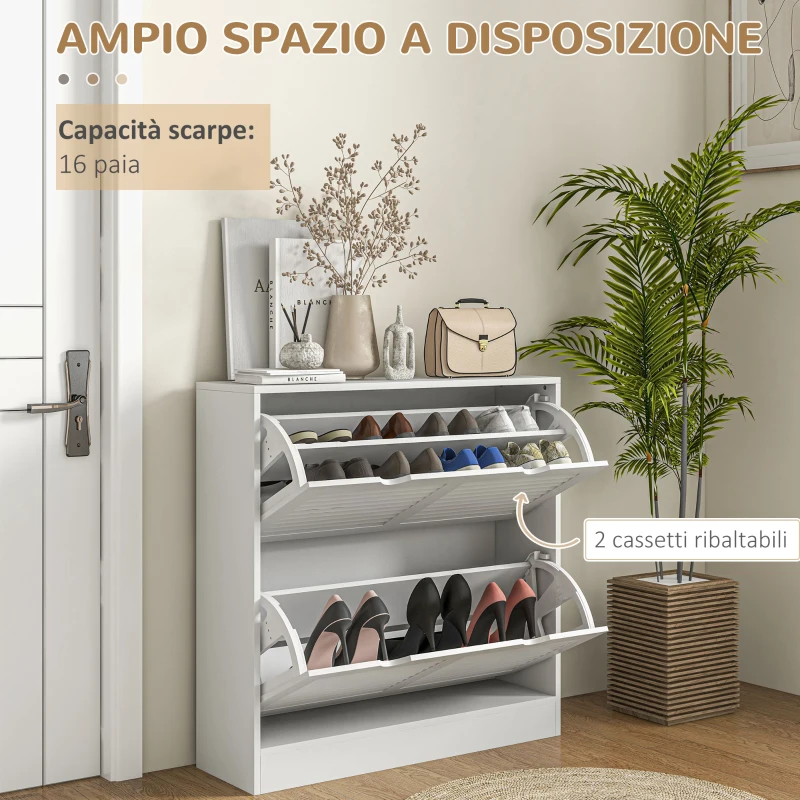 HOMCOM Mobile Scarpiera Salvaspazio in Legno per 16 Paia di Scarpe con 2 Ante a Ribalta, 81.5x25x83cm, Bianco