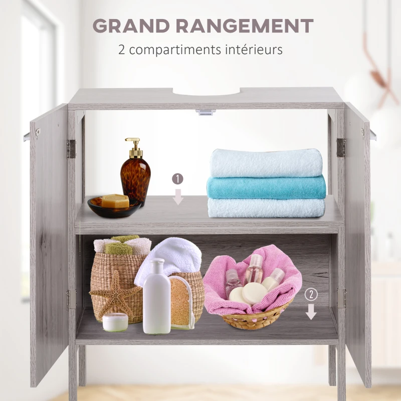 kleankin Meuble Colonne Rangement Salle de Bain + Meuble sous-vasque Design compact Multi-rangement aspect imitation bois gris