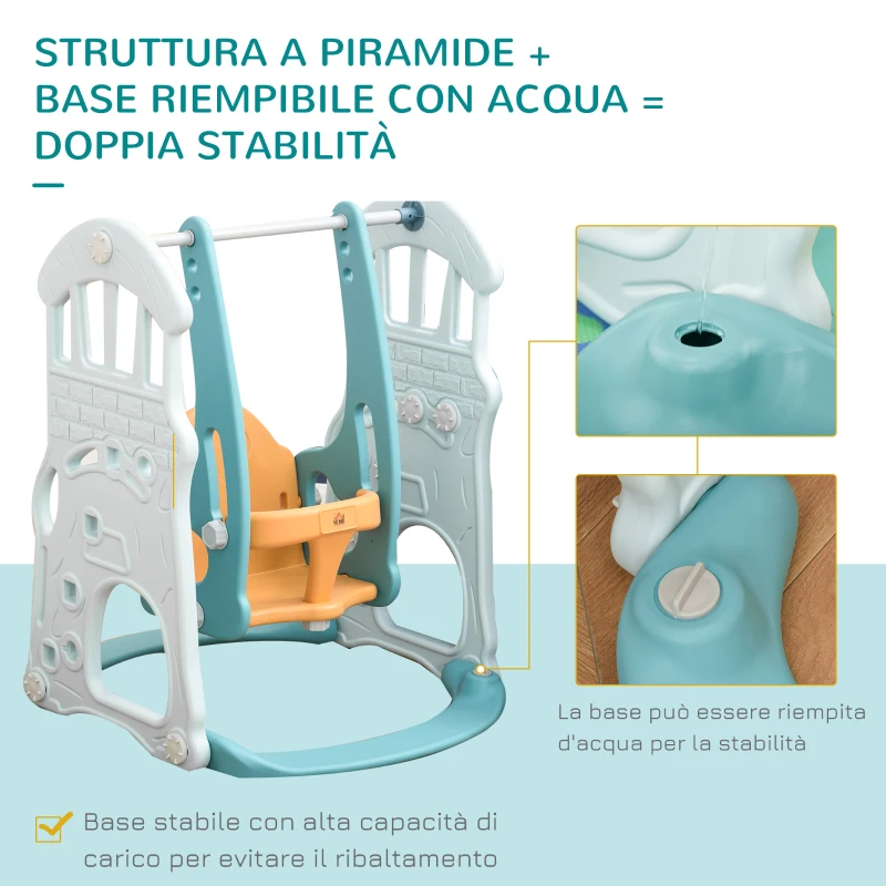 HOMCOM Scivolo per Bambini 4 anni max con Altalena, Canestro, Porta e Anelli, in HDPE e PP, 210x186x133 cm