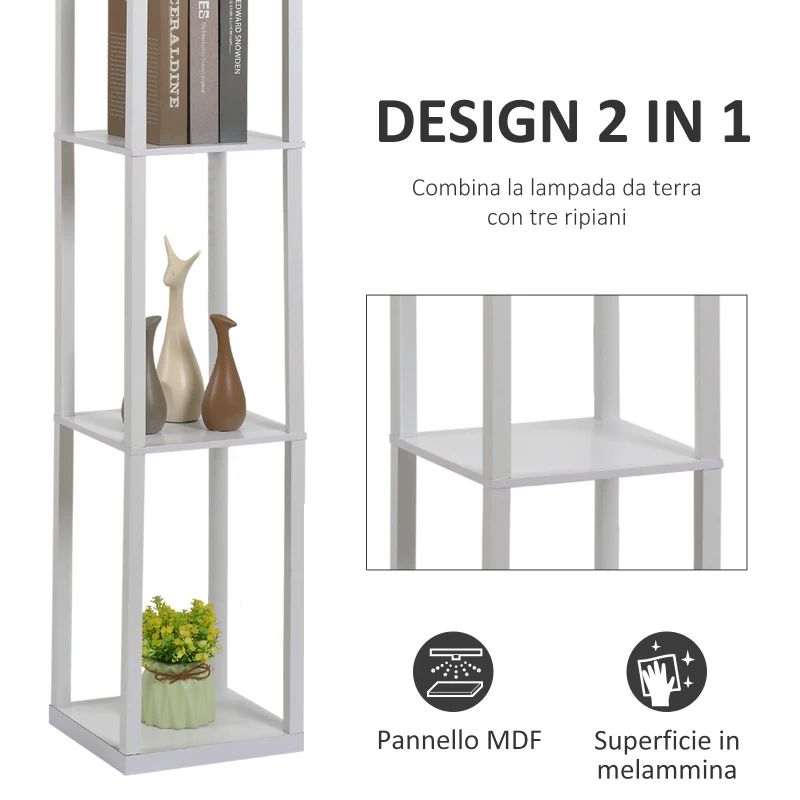 HOMCOM Lampada da Terra con 3 Mensole Integrate, Attacco E27 Potenza 40W, Arredamento Moderno in MDF, 26x26x160cm, Bianco