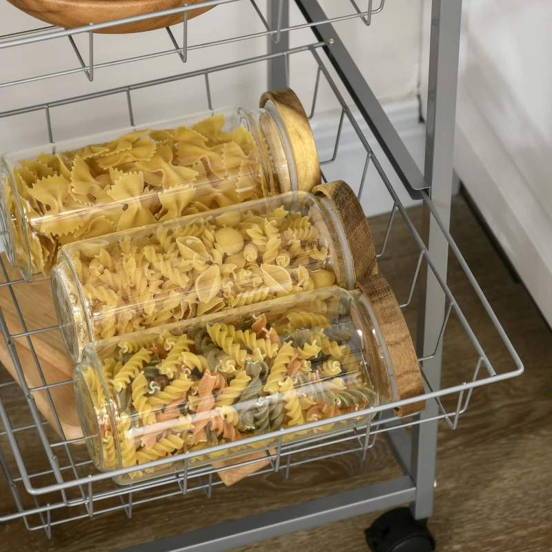 HOMCOM Carrello da Cucina Salvaspazio con 4 Cesti Estraibili in Legno e Acciaio, 36.5x36.5x89 cm, Argento e color Legno