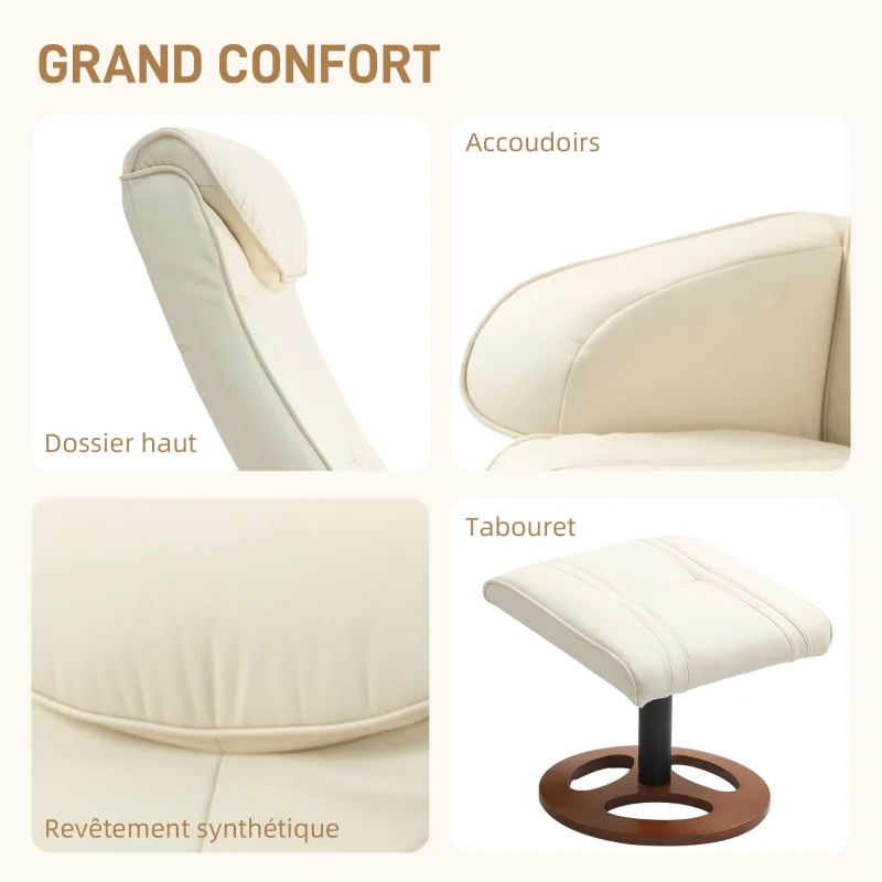 HOMCOM Fauteuil relax avec repose-pieds, dossier inclinable jusqu'à 135°, revêtement synthétique, blanc(m-5)