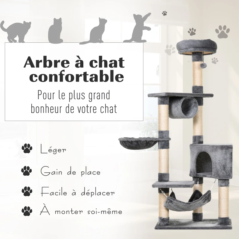 PawHut  Arbre à chats multi-équipements griffoirs grattoirs plateformes tunnel niche hamacs jouet suspendu gris