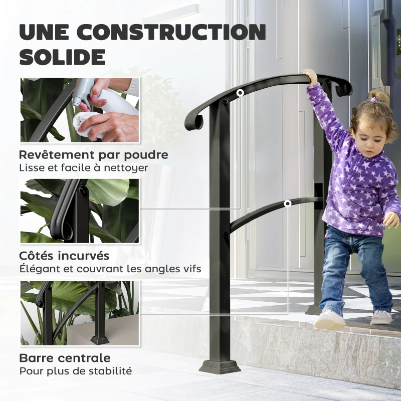 Outsunny Rampe d'escalier 1 à 3 marches garde-corps pour escalier réglable 0-45° avec kit d'installation 71 x 8 x 148 cm noir