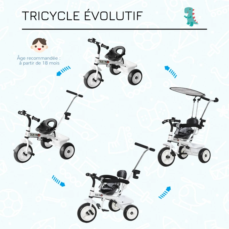 HOMCOM Tricycle Enfants Pare-Soleil Pliable Canne Amovible Benne Rangement 103 x 47 x 101 cm Acier Blanc et Noir