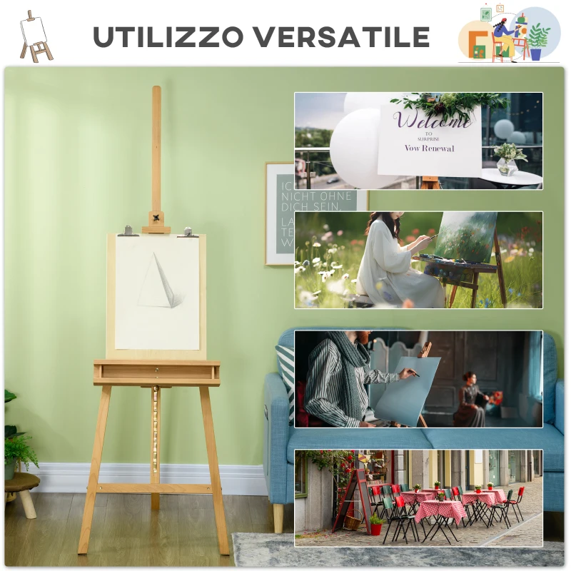 Vinsetto Cavalletto per Pittura Pieghevole in Faggio con Altezza e Angolazione Regolabile, 65x110x180-235 cm