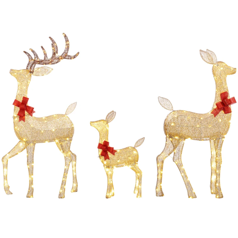 Outsunny Lighted Reindeer Christmas Decorations Outdoor, 3-Piece Light Up Deer Family Set of 3 with 283 LED Lights for Indoor, Lawn, Garden, Gold Tone