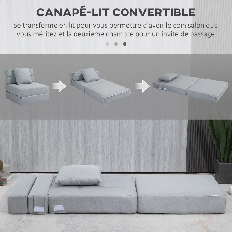 HOMCOM Chauffeuse canapé-lit convertible fauteuil 1 place avec 1 coussin déhoussable, tissu gris clair