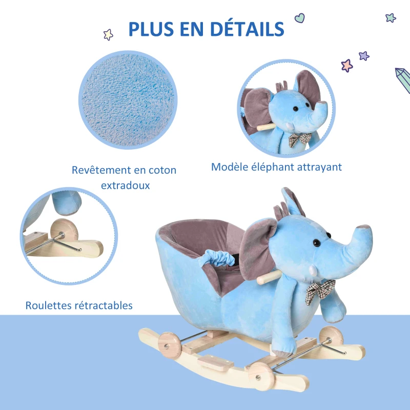 HOMCOM Cheval à Bascule Jouet à Bascule éléphant et Porteur sur roulettes 2 en 1 Fonction Musicale 32 Pistes Ceinture sécurité