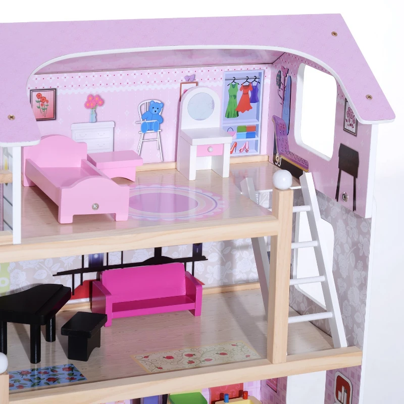 HOMCOM Casa de Muñecas Infantil con Muebles Casa de Muñecas de 4 Pisos con 13 Accesorios 60,5x30x80,5cm Rosa