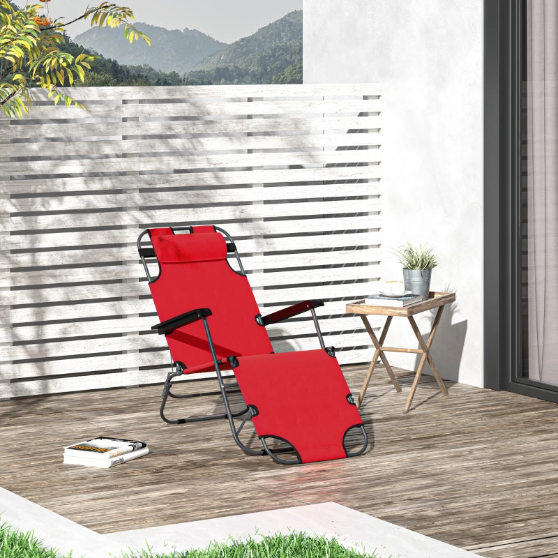 Outsunny 2 in 1 Folding Sun Lounger Reclining Garden Chair with 2-Level Adjustable Backrest, Outdoor Zero Gravity Recliner Garden Chair with Head Pillow and Armrests, Red