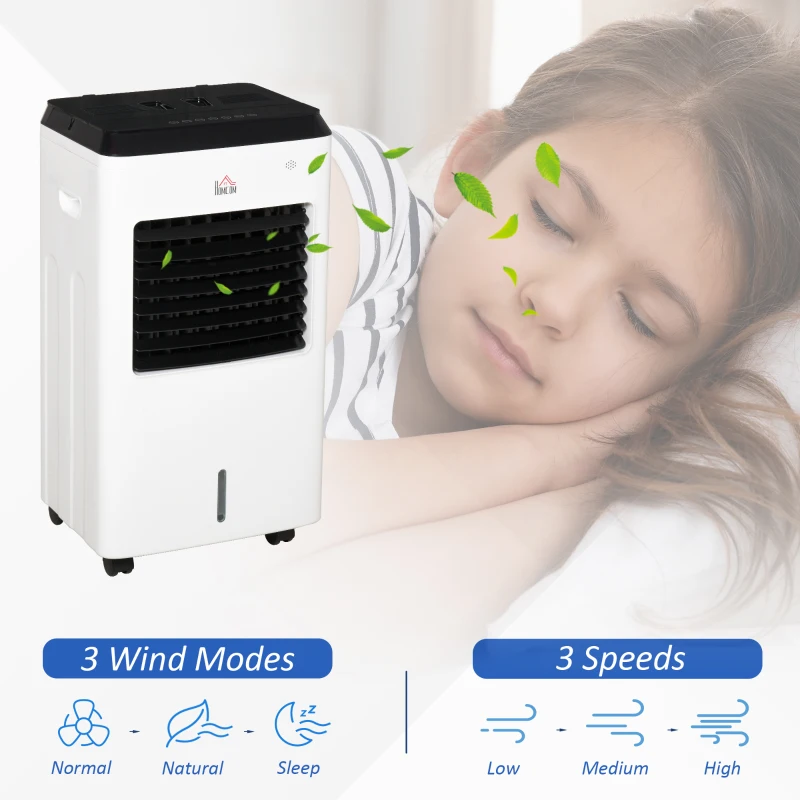 HOMCOM 3-IN-1 8.5L Portable Air Cooler, Heater, Humidifier with Ice Crystal Box, 3 Speed 3 Mode, 7.5 Hour Timer, Remote Controller Included, for Bedroom, Dorm, Office, White