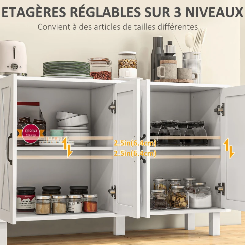 HOMCOM Meuble de rangement buffet bas 4 portes avec étagères réglables en hauteur style campagne longueur 120 cm blanc