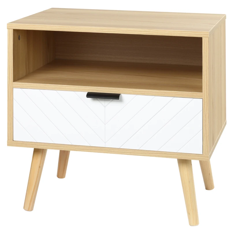 HOMCOM Comodino Moderno con Cassetto Estraibile e Ripiano Aperto, in Legno, 50x39.5x49.5 cm, Bianco e color Legno