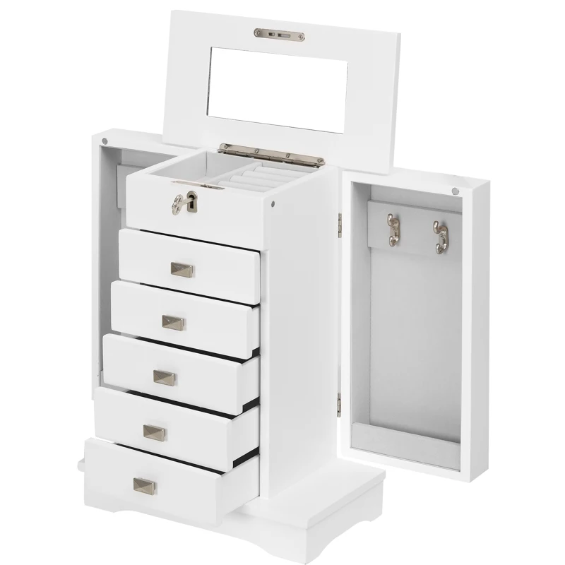 HOMCOM Boîte à bijoux Coffre à Bijoux avec Miroir - 5 tiroirs coulissants, 2 Compartiments latéraux avec Crochets, Rangement Haut à bagues verrouillable - Blanc