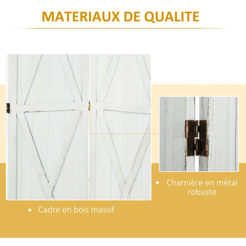 HOMCOM Paravent séparateur de pièce cloison intérieur pliable 3 panneaux en bois dim.120 x 170 cm blanc vieilli