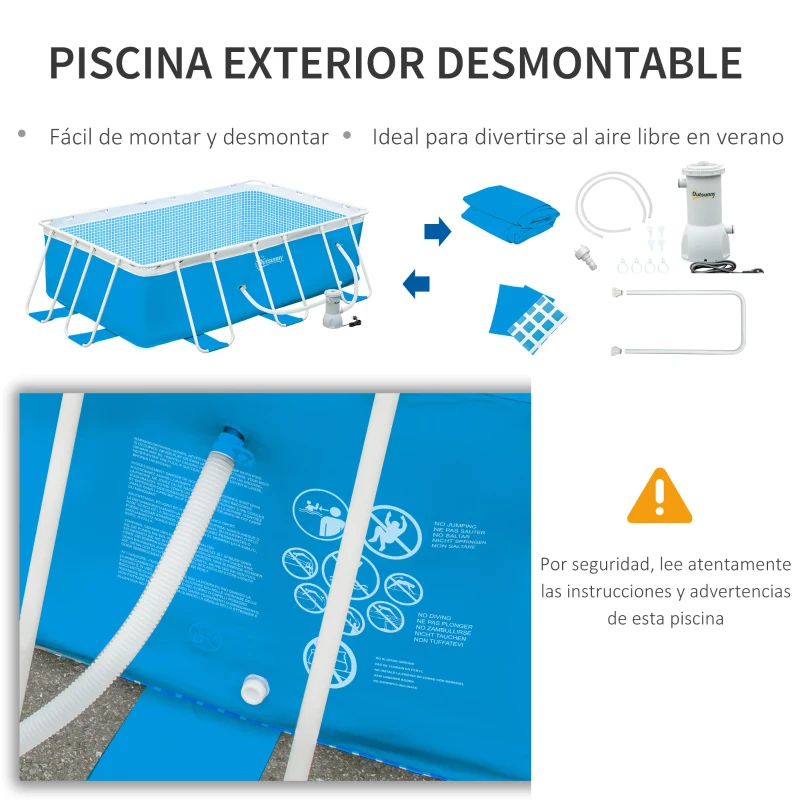 Outsunny Piscina Desmontable Tubular 340x215x80 cm Piscina Rectangular de Exterior con Depuradora de Cartucho 4.000 L/H Mangueras Longitud 100 cm y Marco de Acero 4200 L Azul