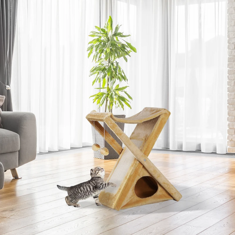 PawHut Tiragraffi per Gatti Pieghevole con Casetta, Amaca e Tappetino per Unghie, Giallo, 54.5x32x65cm