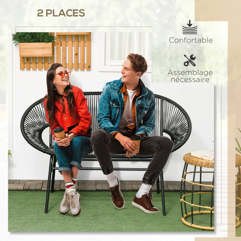 Outsunny Banquette banc de jardin 2 places en métal et cordage en résine - dim. 132L x 72l x 83H cm - noir