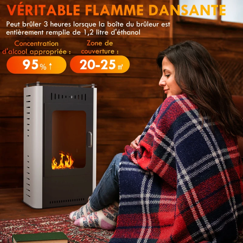 HOMCOM Cheminée poêle à éthanol avec réservoir 1,2L 3h de durée de combustion couverture 20 à 25 m² 50 x 27 x 82 cm noir(m-4)