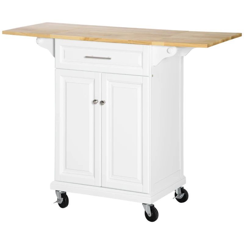 HOMCOM Carrello da Cucina Espandibile in Legno Bianco Cassetto, Armadietto, Portasciugamani e 4 Ruote 119.6x45.7x91.2cm