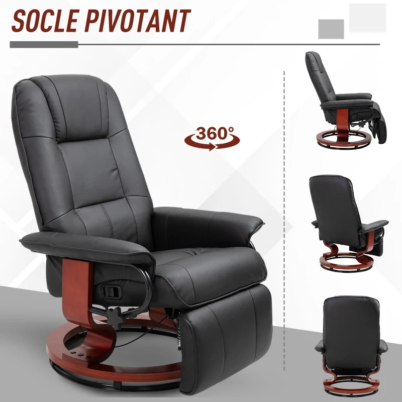 HOMCOM Fauteuil relax inclinable fauteuil de salon repose-pieds réglable pivotant 360° piètement bois revêtement synthétique noir(m-7)