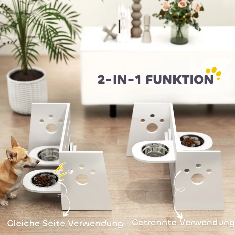 PawHut Hundefutternapf-Gestell, verstellbare Futternäpfe mit separatem Design, 2 Edelstahlschüsseln, Anti-Schling-Matte, Weiß