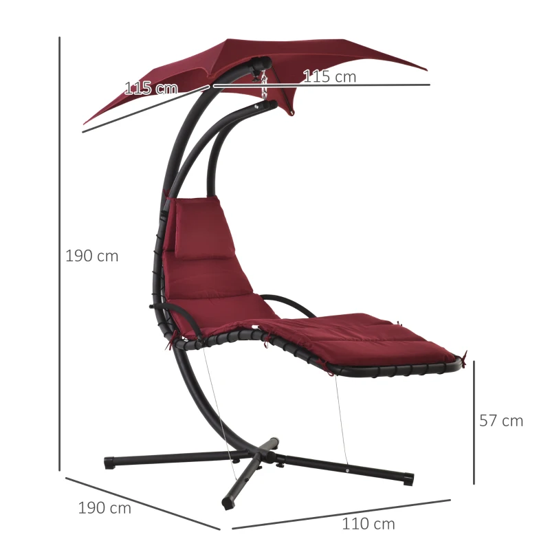 Outsunny Bain de Soleil transat Suspendu Chaise Suspendu Extérieur avec Pare-Soleil et Matelas Design Contemporain 194L x 117l x 192H cm Acier Polyester Rouge Noir