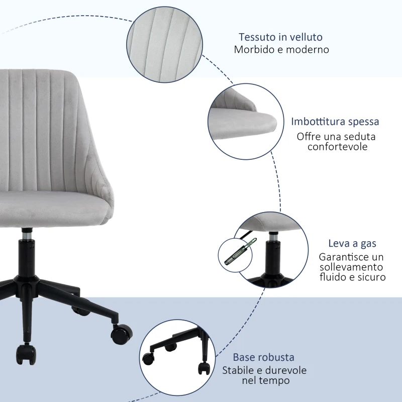 Vinsetto Sedia da Ufficio in Velluto Grigio con Altezza Regolabile, Sedia Ergonomica Girevole a 360° e Ruote, 50x58x77-87cm