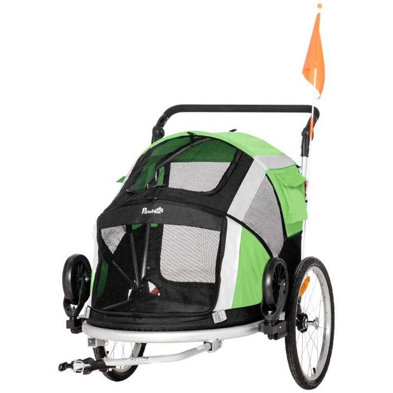 PawHut Dog Bike Trailer 2-in-1 Pet Stroller for Large Dogs Cart Foldable Bicycle Carrier Aluminium Frame with Safety Leash Hitch Coupler Reflector Flag Green
