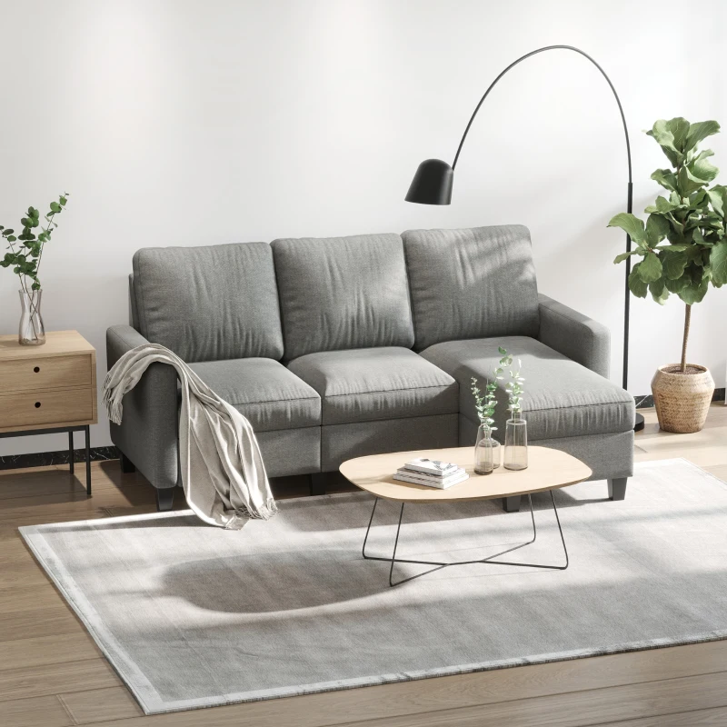 HOMCOM Divano Angolare Moderno e Componibile, Divano 3 Posti con Penisola Reversibile in Tessuto Grigio Chiaro, 197x139x 91cm