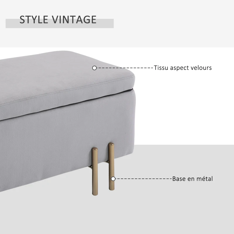 HOMCOM Banc de rangement coffre de rangement design contemporain- banc avec espace de stockage - dim. 100L x 40l x 42H cm - velours gris clair piètement métal doré