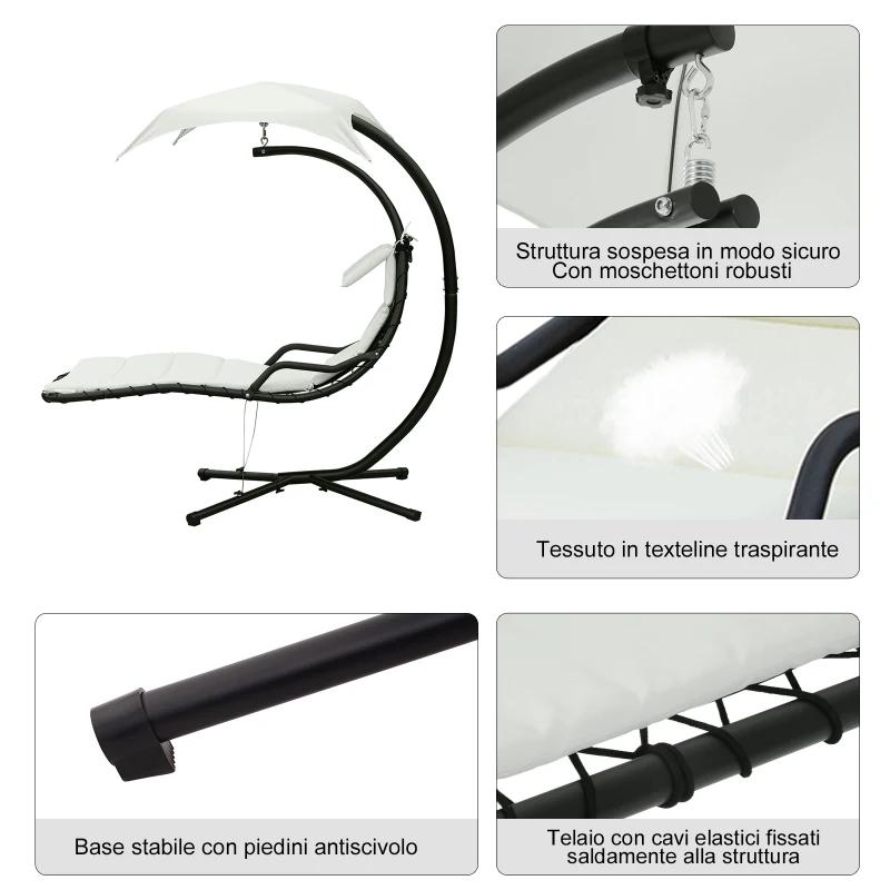 Outsunny Sdraio Sospesa da Giardino, Lettino Sospeso Imbottito per Esterno con Tettuccio, Crema 190x115x190cm