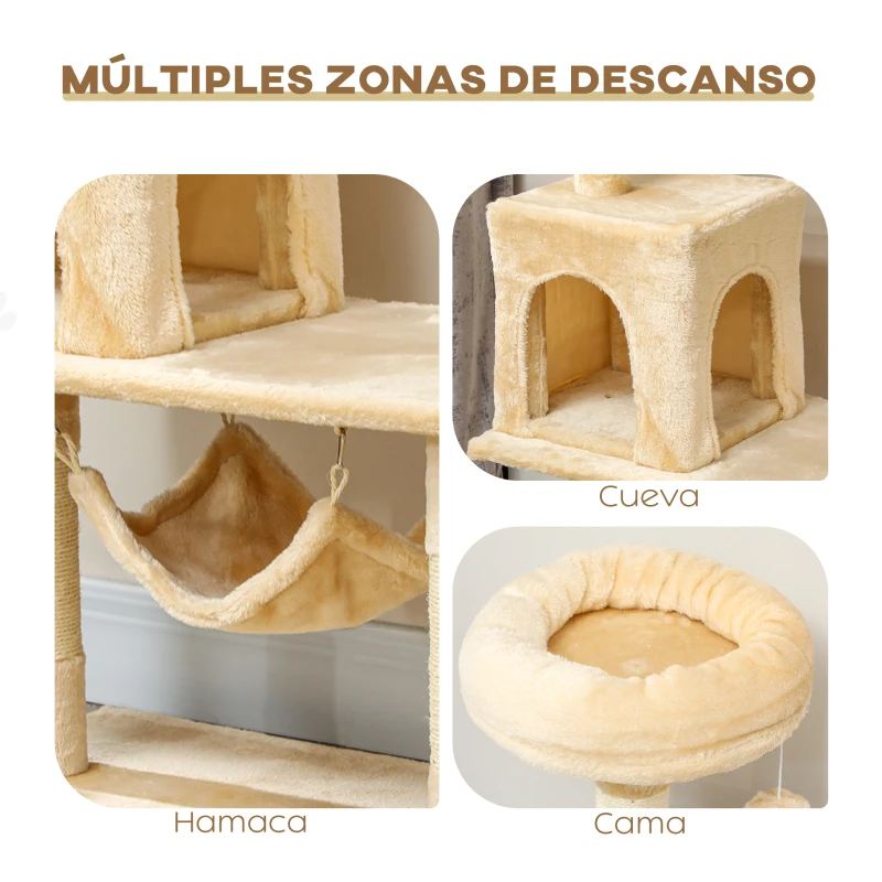 PawHut Árbol Rascador para Gatos Grande 70x40x152 cm Torre para Gatos con Múltiples Plataformas Cueva Hamaca Postes Beige