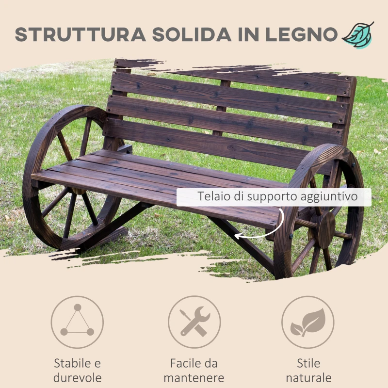 Outsunny Panchina da Esterno a 2 Posti , Panchina da Giardino Stile Country con Braccioli a Ruota in Legno, 105.5x59x75cm Marrone