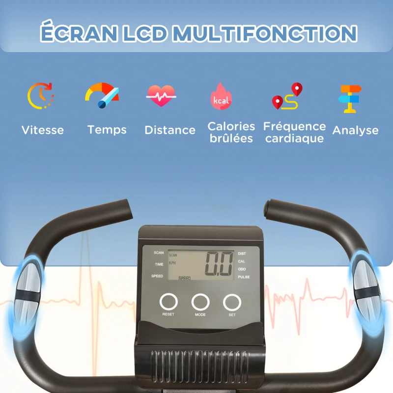 HOMCOM Vélo d'appartement pliable, vélo d'exercice, home traîner pour adultes, 8 niveaux de résistance magnétique, capteurs pouls main, écran LCD multifonction, selle réglable, acier, noir