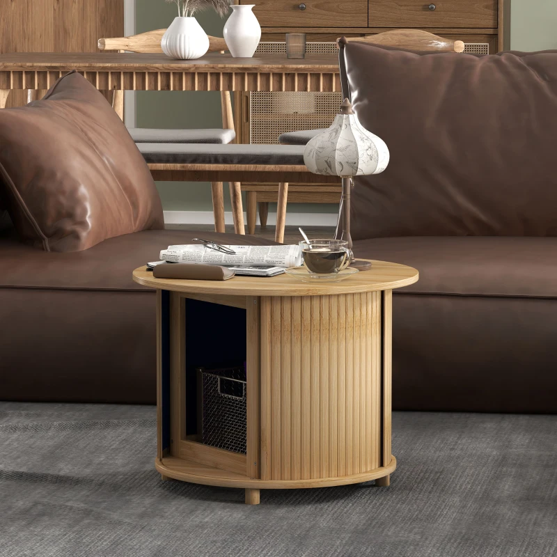 HOMCOM Table basse ronde table de salon en bambou avec rangement caché et porte coulissante, dim. Ø 60 x 45H cm, bois naturel(m-8)