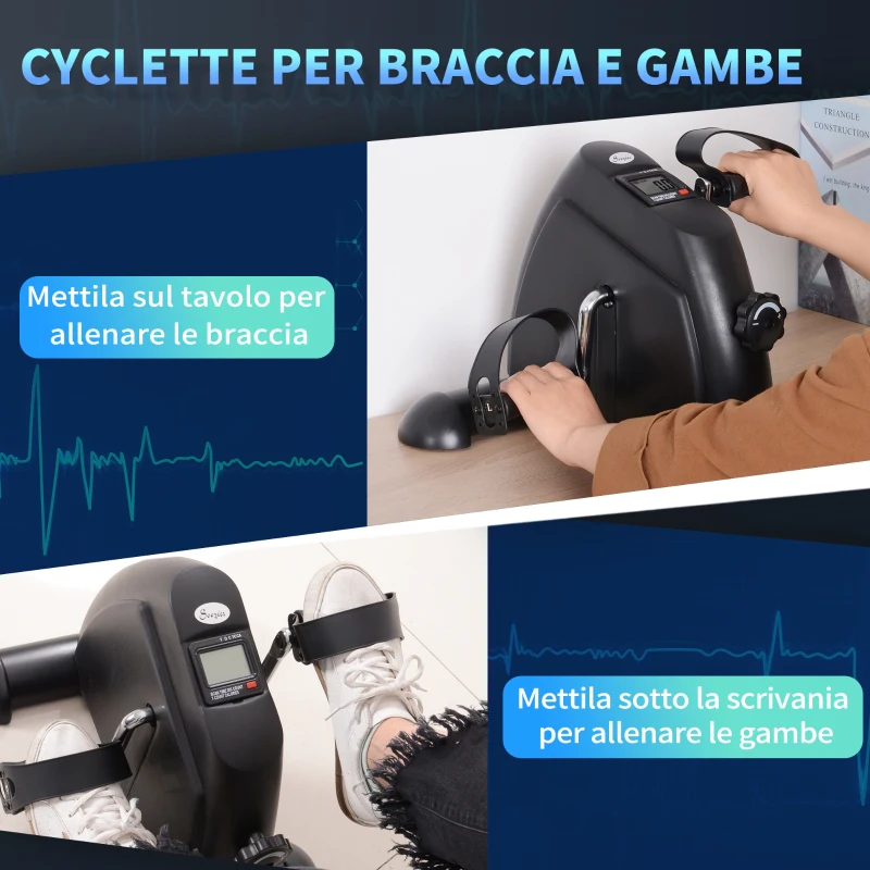 HOMCOM Mini Cyclette Portatile per l'Allenamento di Gambe per Braccia con Display LCD TPR, PP, PP, ruota in ghisa 35 x 40 x 31 cm Nero