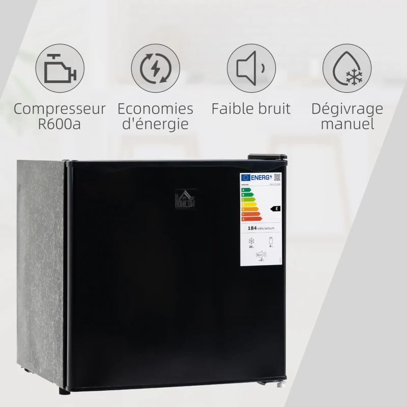 HOMCOM Mini congélateur Température Réglable de -14 à -24°C Compact 35L - étagère Amovible - Porte réversible Classe E - 47 x 44,2 x 48,8 cm - Noir
