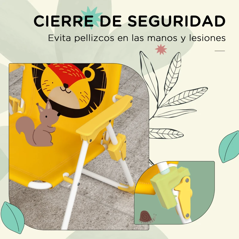 Outsunny Set de 2 Sillas Plegables y Mesa para Niños Mesa con Sombrilla Ajustable en Altura Temática de León para Jardín Amarillo