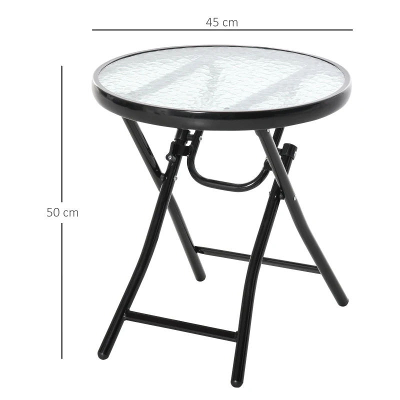 Outsunny Mesa de Vidrio Redonda Plegable Mesa de Jardín con Hebilla de Seguridad Borde Cubierto de Metal Patio Interior y Exterior Ø45x50 cm Negro