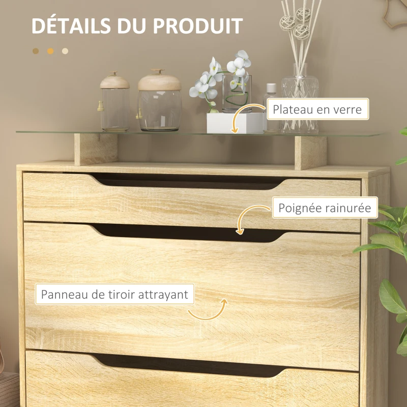 HOMCOM Armoire à Chaussures 2 tiroirs rabattables + 1 tiroir Coulissant + 1 comptoir et 1 Plateau en Verre étagère réglable